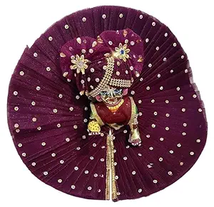 Laddu Gopal dressed in elegant maroon attire with golden and stone detailing, wearing a matching turban