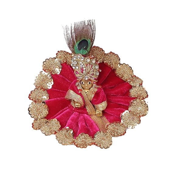 Laddu Gopal idol dressed in pink velvet poshak with golden lace border, jeweled crown, and peacock feather